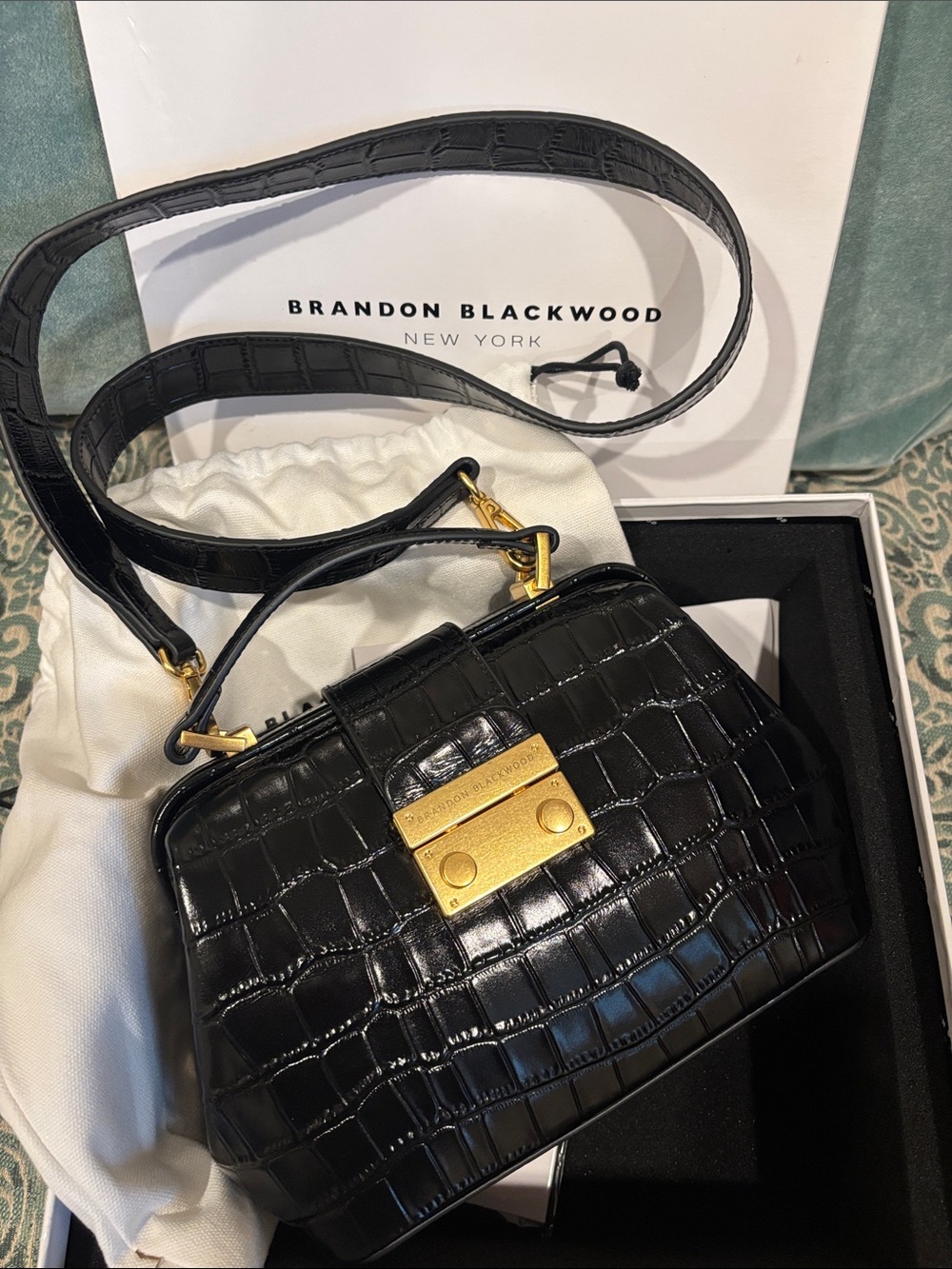 Brandon Blackwood Black Croc-Embossed Crossbody with Gold Lock
